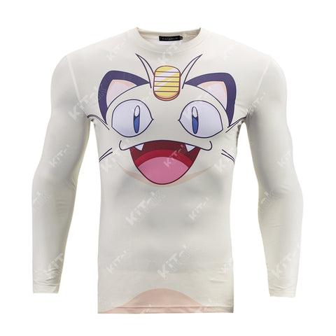 CosFitness Pokémon Gym Shirt, Meowth Cosplay Workout Long Sleeve T Shirt for Men(Pro Series)